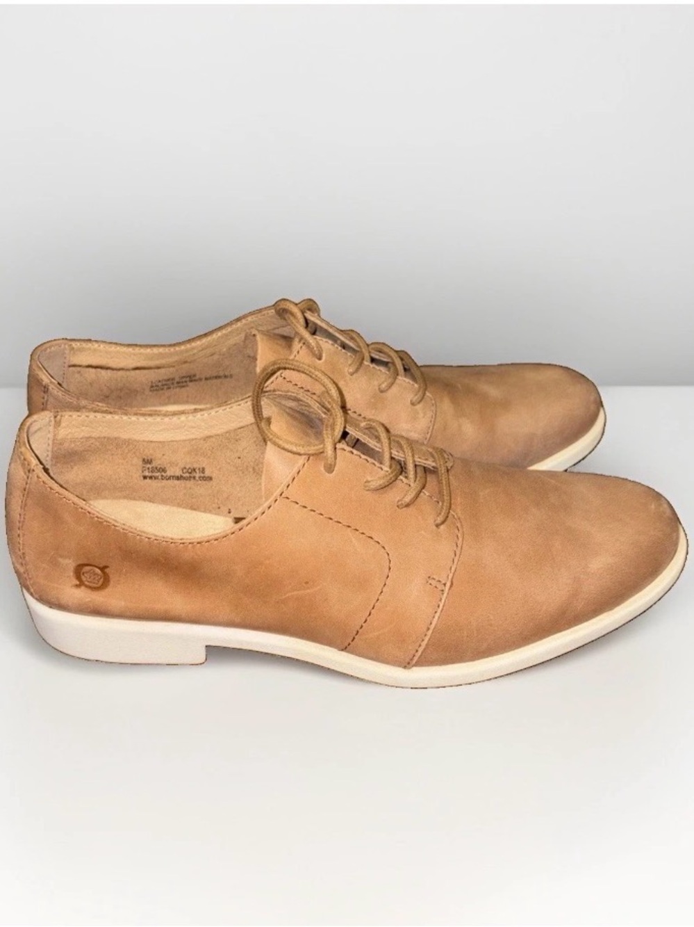 Born Tan Leather Lace-Up women Flats with White Sole size 8